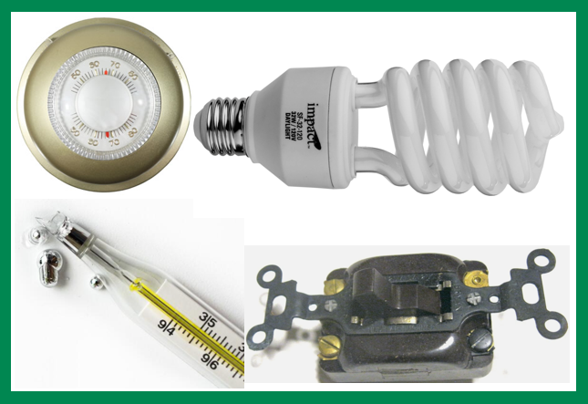 Mercury: compact fluorescent bulb, thermostat, broken thermometer, old toggle switch