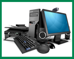 computer, keyboard, tower, monitor, speakers, mouse, printer